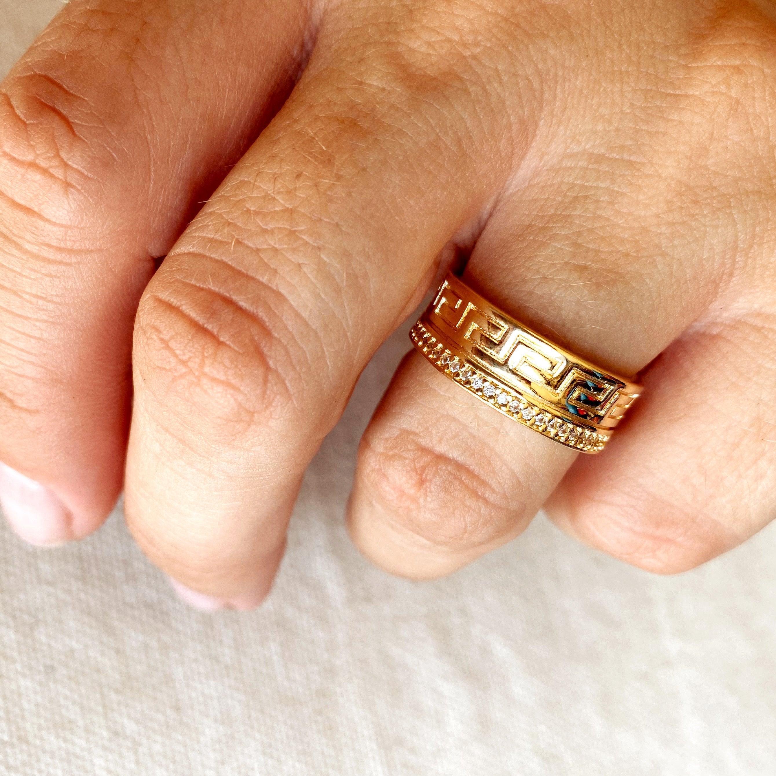 Mondsee 18k Gold Filled Greek Pattern Band Ring With Cubic Zirconia Detail | 18k Gold Filled Jewelry