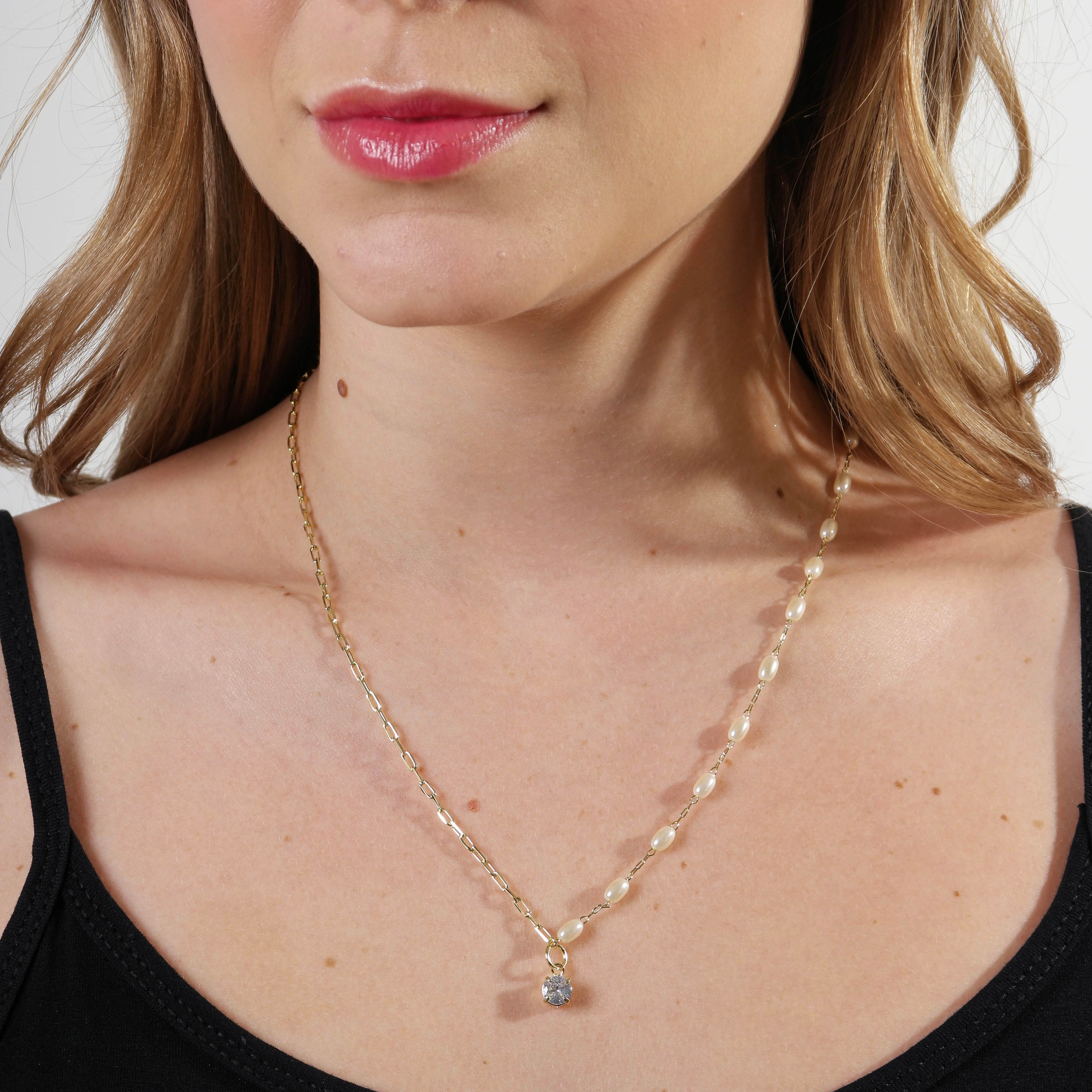 Mondsee 18k Gold Filled Oval Shaped Pearl Necklace With Cubic Zirconia Stone Charm | 18k Gold Filled Jewelry