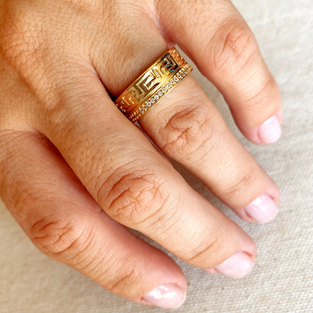 Mondsee 18k Gold Filled Greek Pattern Band Ring With Cubic Zirconia Detail | 18k Gold Filled Jewelry