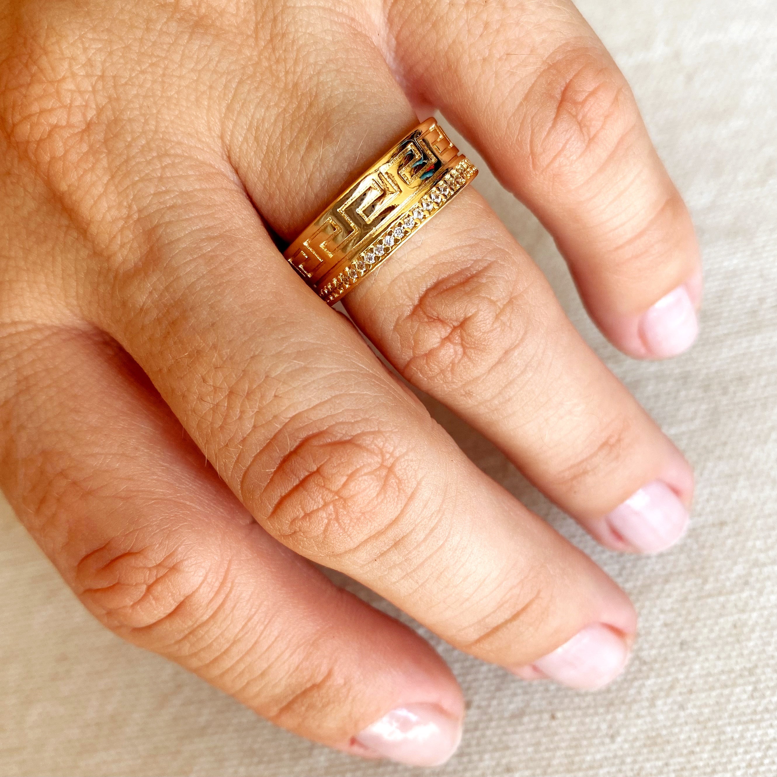 Mondsee 18k Gold Filled Greek Pattern Band Ring With Cubic Zirconia Detail | 18k Gold Filled Jewelry